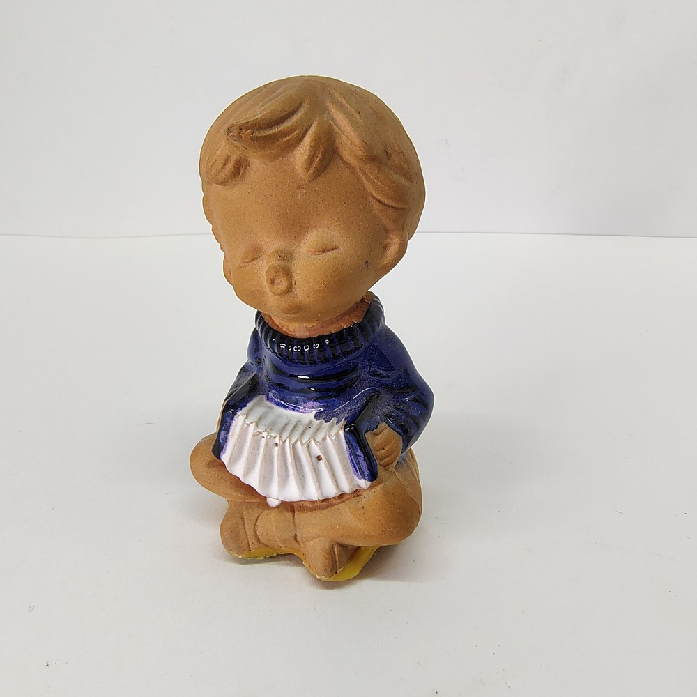 Boy Playing Accordion Figurine Japan Terracotta Folk Art Decor Vintage